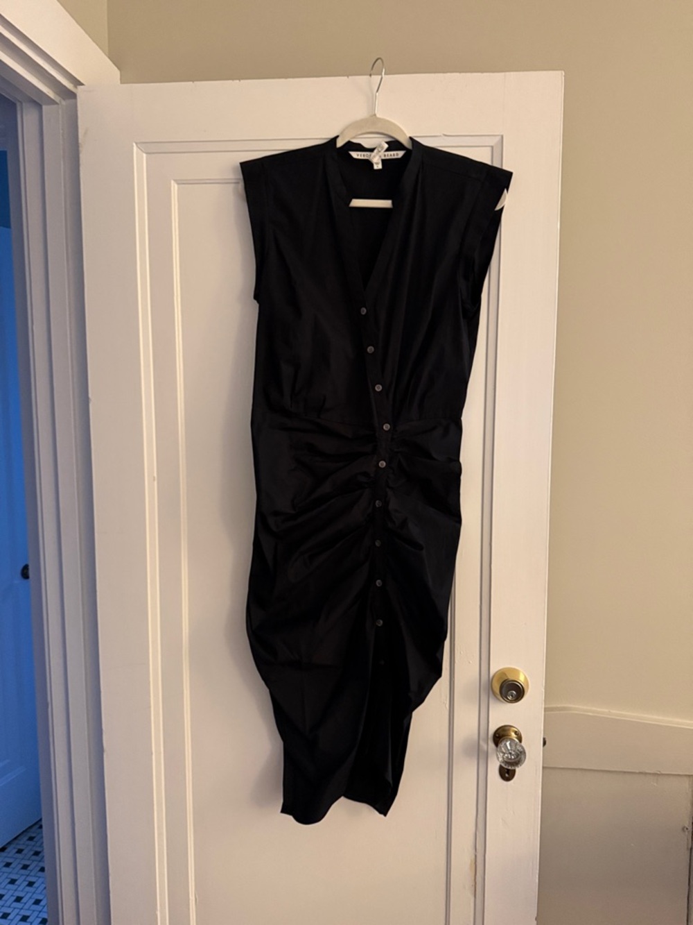 Veronica Beard Black Button-Front Ruched Midi Dress